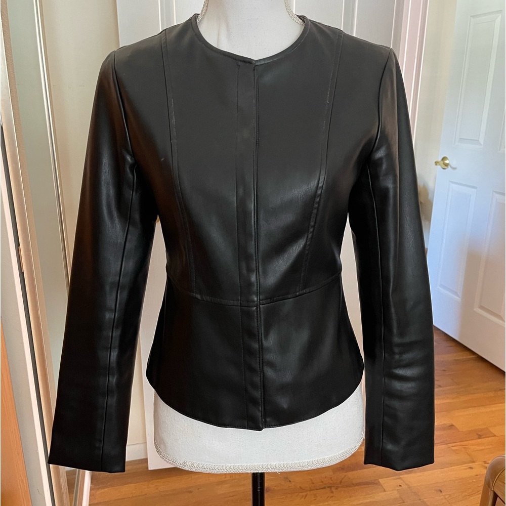 Zara Black Faux Leather Jacket with Hidden Snap Button Front Closure